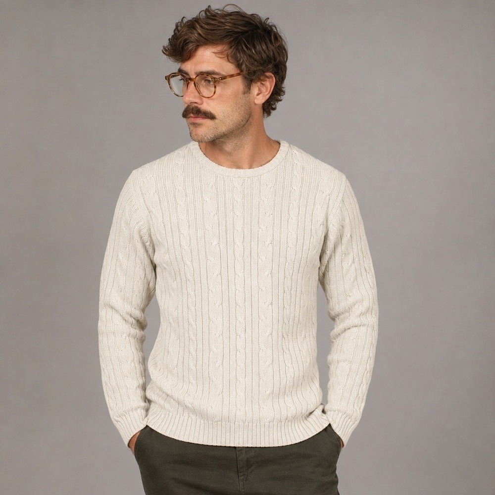 John Ashford Men's Cable Knit Sweater L Ivory Cotton Crewneck Long Sleeve